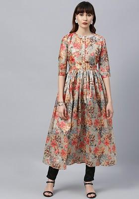Beige Floral Print Poly Blend Kurta Set