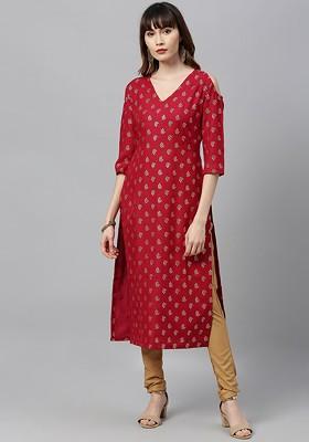 Maroon Printed Poly Blend Kurta Set
