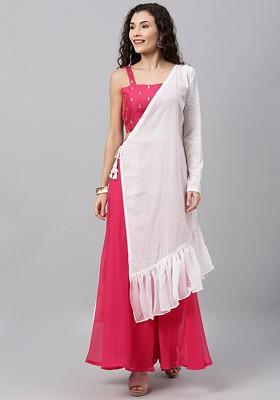 Pink Embroidered Poly Blend Kurta Set