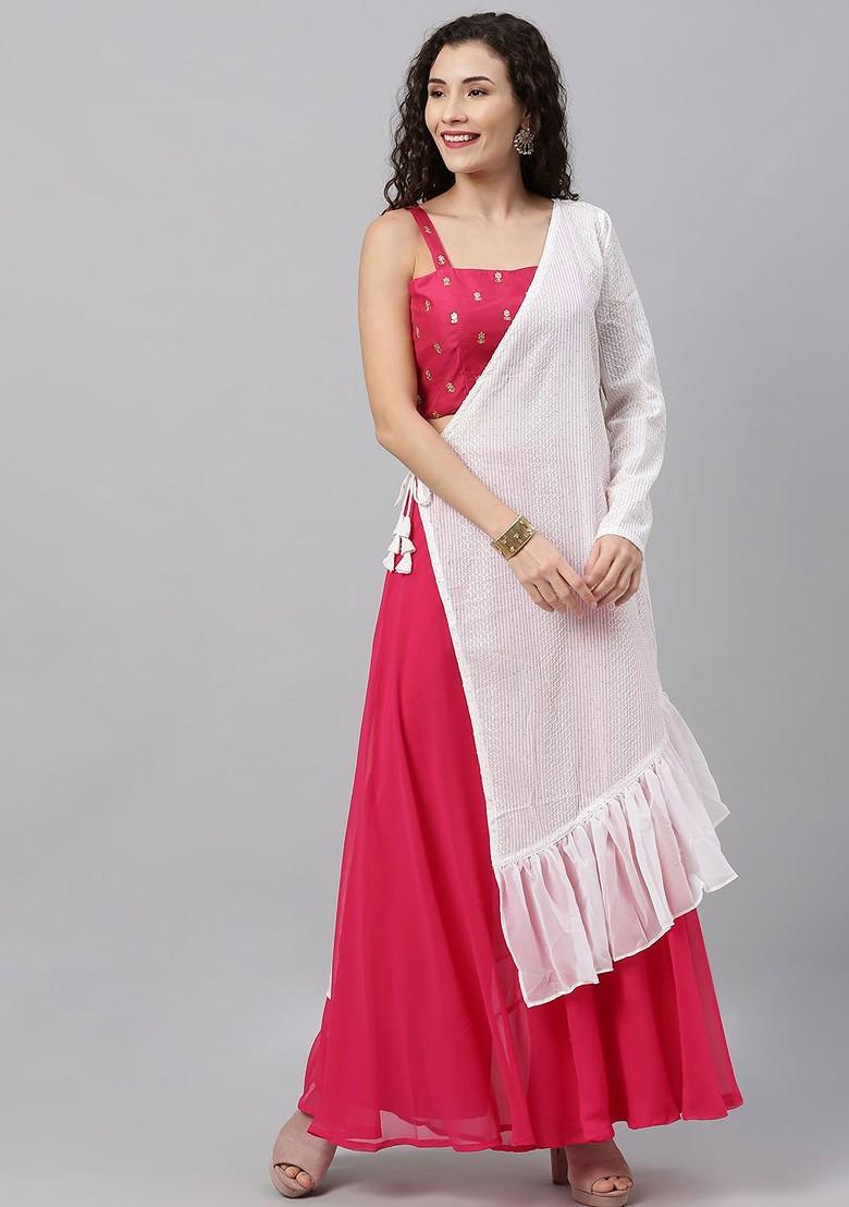 Pink Embroidered Poly Blend Kurta Set