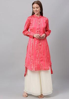 Pink Striped Print Poly Blend Kurta Set