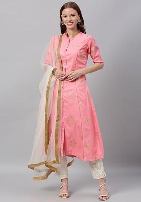 Pink Printed Poly Blend Kurta Set