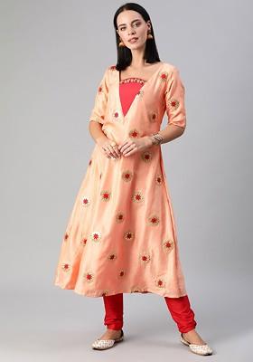 Peach Embroidered Poly Blend Kurta Set