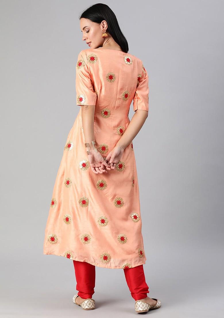 Peach Embroidered Poly Blend Kurta Set