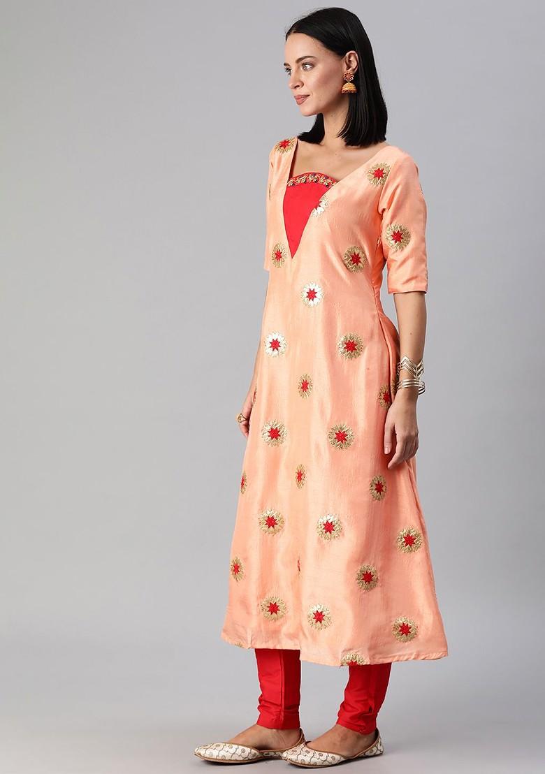 Peach Embroidered Poly Blend Kurta Set