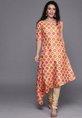 Beige Printed Poly Blend Kurta Set