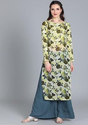 Yellow Printed Poly Blend Kurta Set