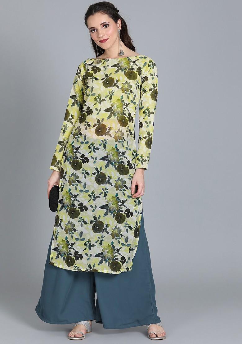 Yellow Printed Poly Blend Kurta Set