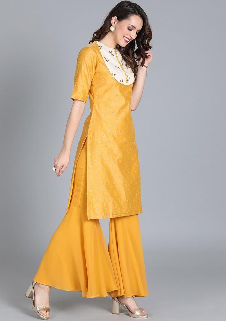 Mustard Solid Poly Blend Kurta Set