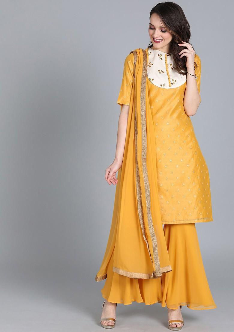 Mustard Solid Poly Blend Kurta Set