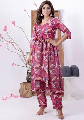 Pink Floral Print Poly Blend Kurta Set