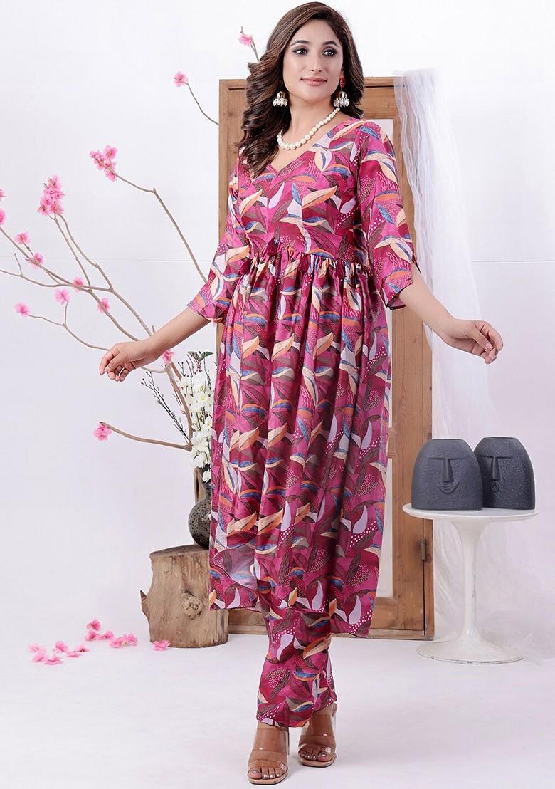 Pink Floral Print Poly Blend Kurta Set