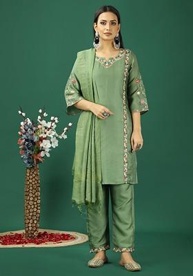 Green Thread Embroidered Poly Blend Kurta Set