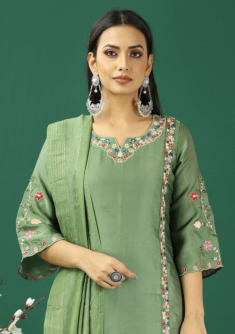 Green Thread Embroidered Poly Blend Kurta Set