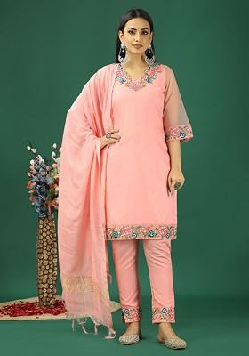 Peach Floral Embroidered Poly Blend Kurta Set