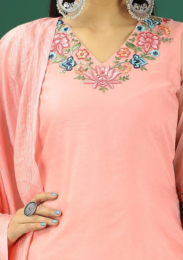 Peach Floral Embroidered Poly Blend Kurta Set