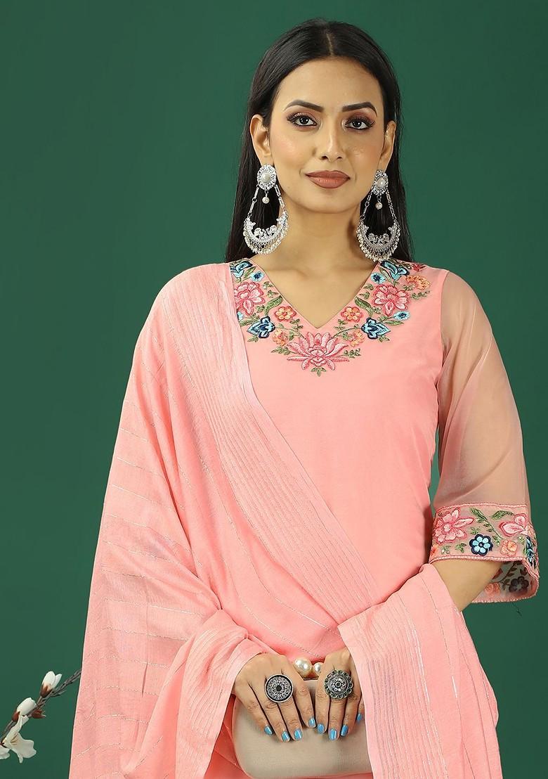 Peach Floral Embroidered Poly Blend Kurta Set
