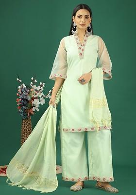Green Thread Embroidered Organza Kurta Set