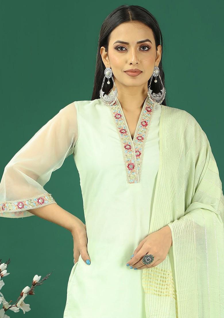 Green Thread Embroidered Organza Kurta Set
