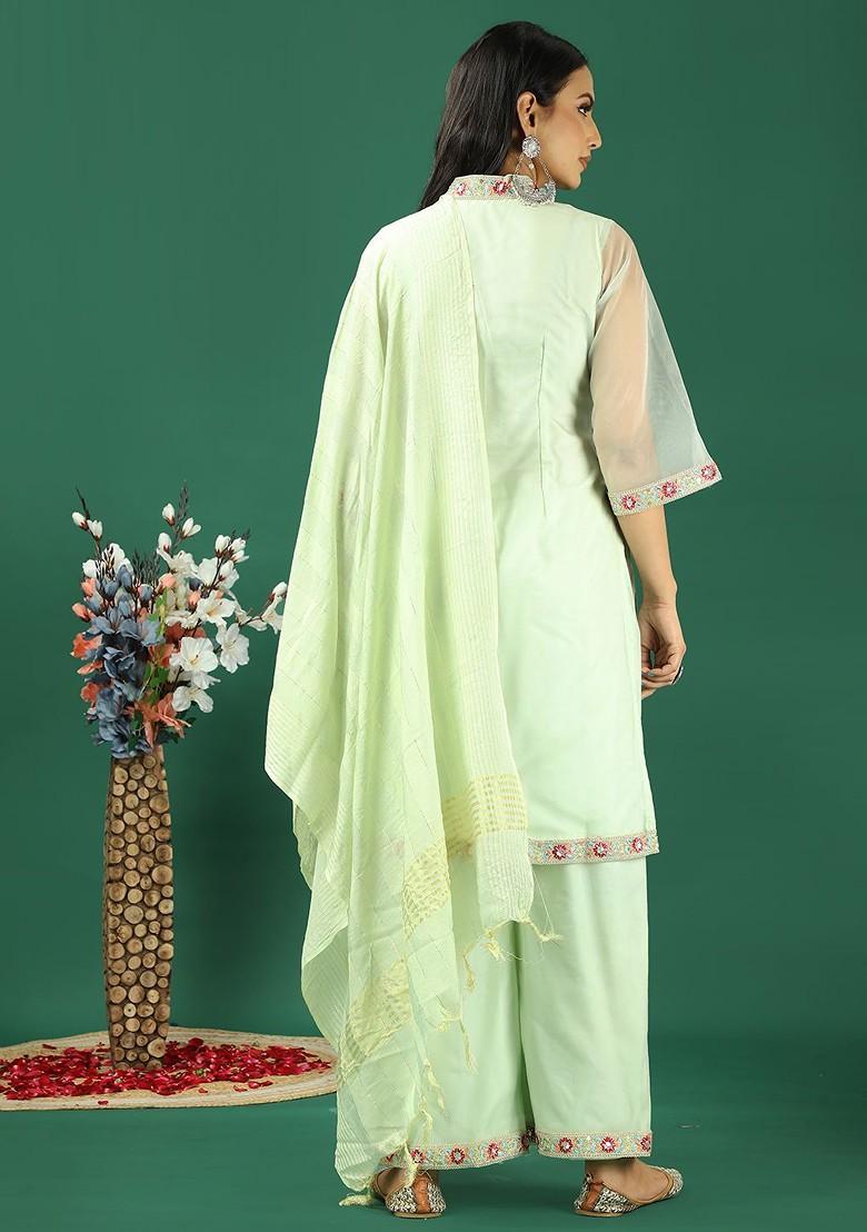 Green Thread Embroidered Organza Kurta Set