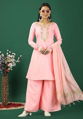 Pink Floral Embroidered Poly Blend Kurta Set
