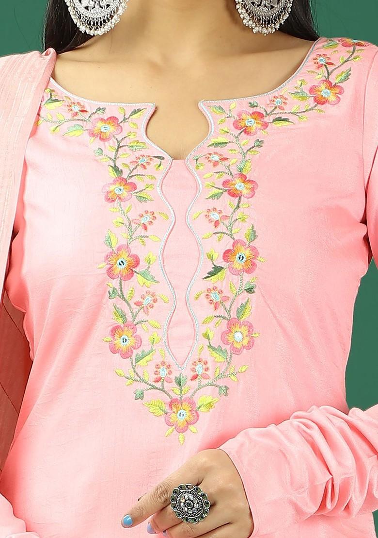 Pink Floral Embroidered Poly Blend Kurta Set