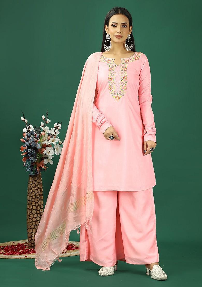 Pink Floral Embroidered Poly Blend Kurta Set