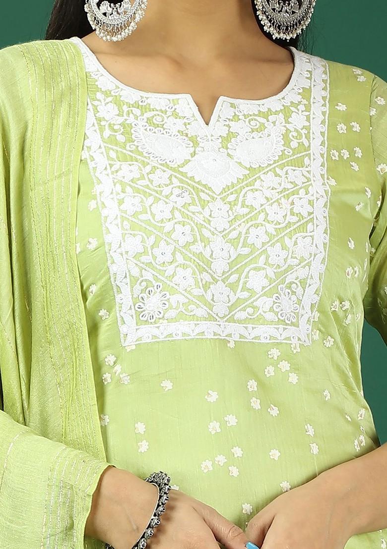 Green Embroidered Poly Blend Kurta Set
