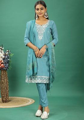Blue Floral Sequin Embroidered Poly Blend Kurta Set