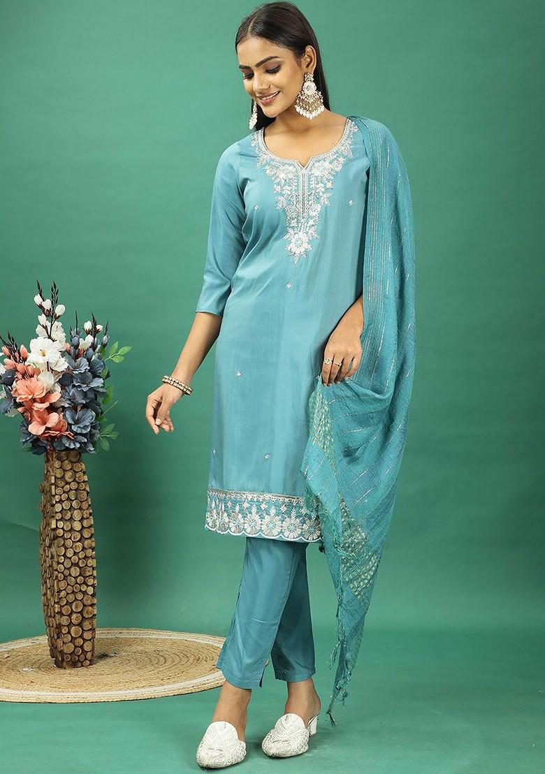 Blue Floral Sequin Embroidered Poly Blend Kurta Set