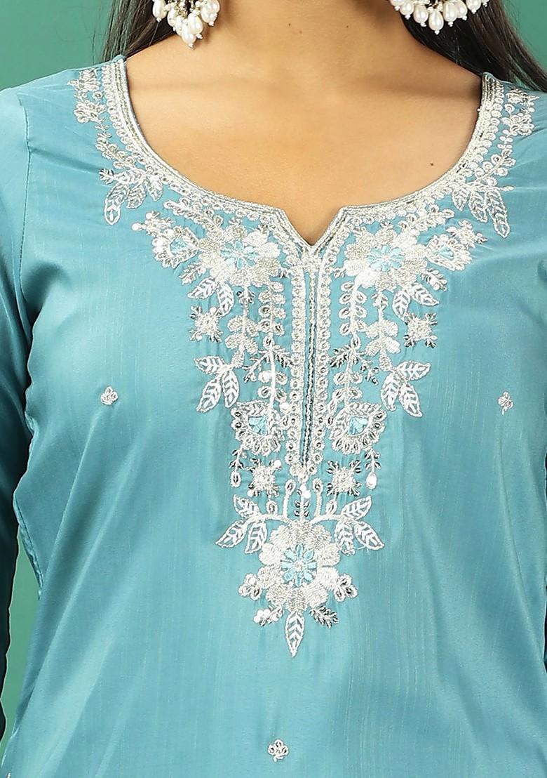 Blue Floral Sequin Embroidered Poly Blend Kurta Set