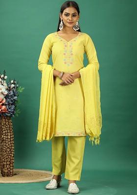 Yellow Floral Embroidered Poly Blend Kurta Set