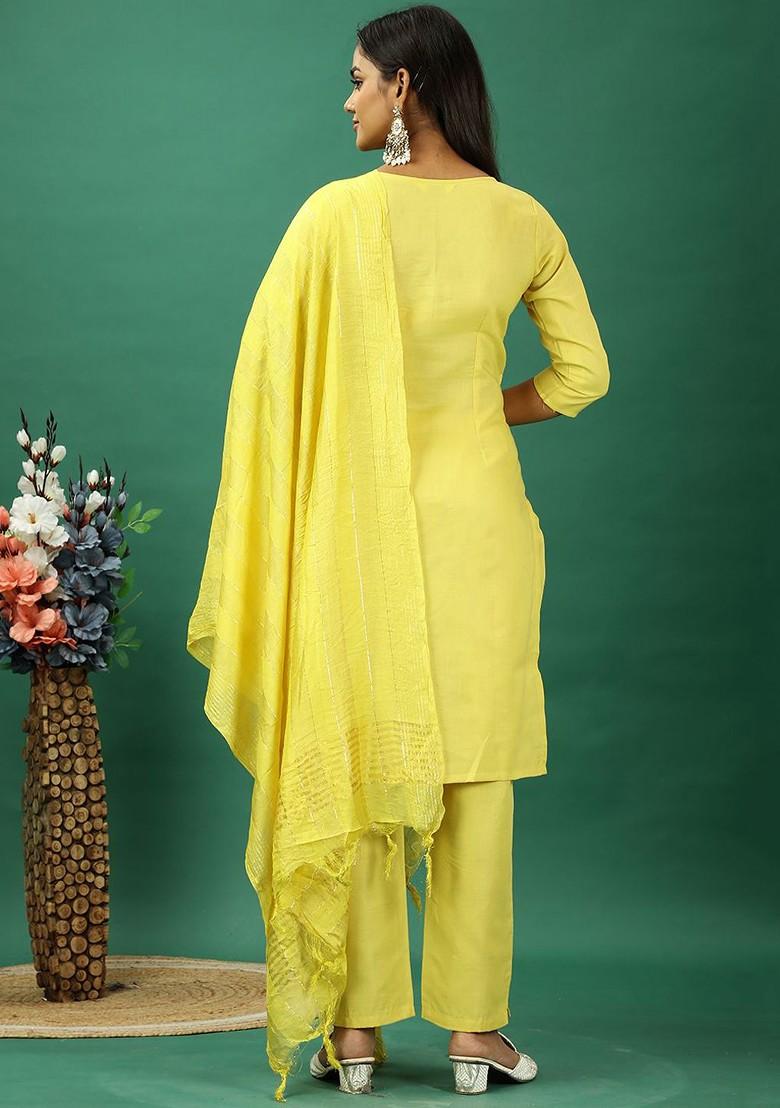 Yellow Floral Embroidered Poly Blend Kurta Set