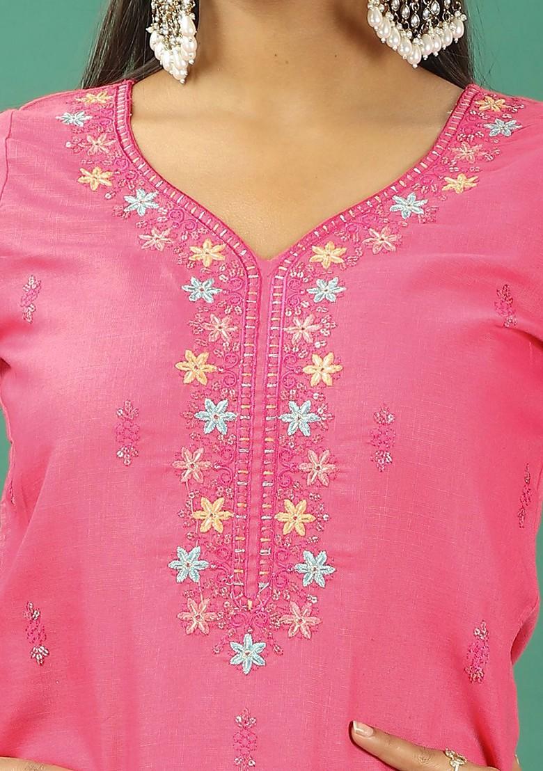 Pink Floral Embroidered Poly Blend Kurta Set