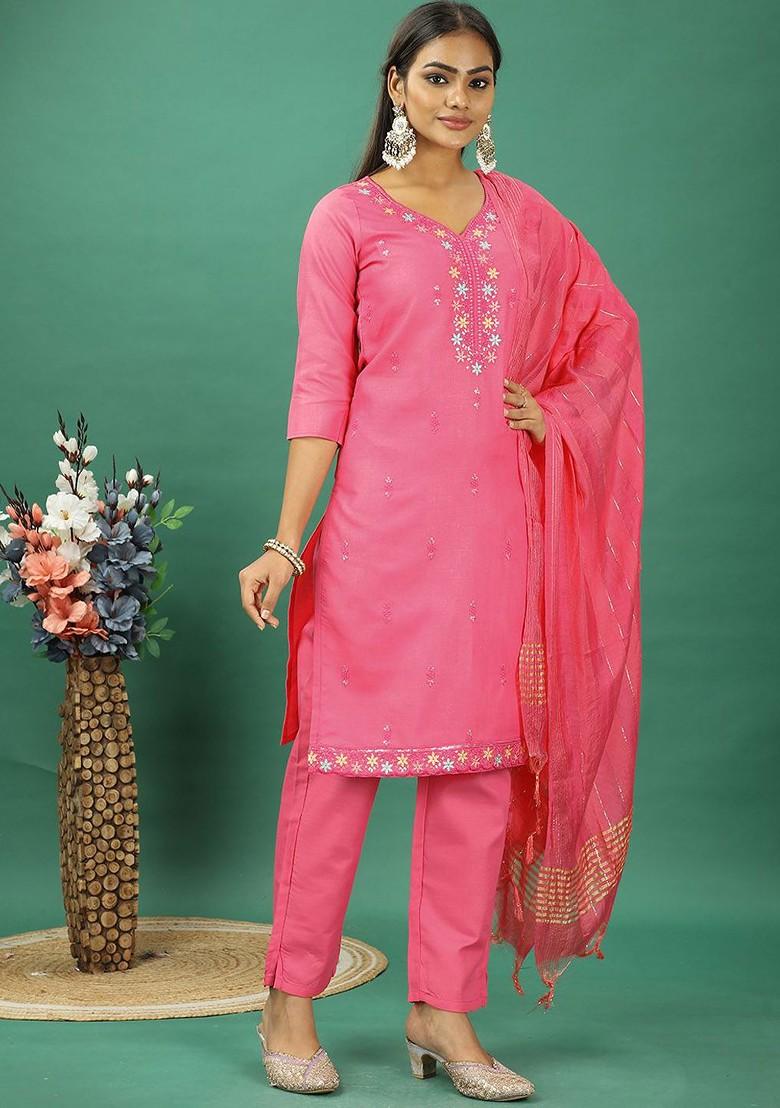 Pink Floral Embroidered Poly Blend Kurta Set