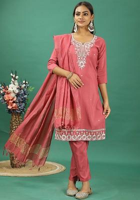 Pink Floral Embroidered Poly Blend Kurta Set
