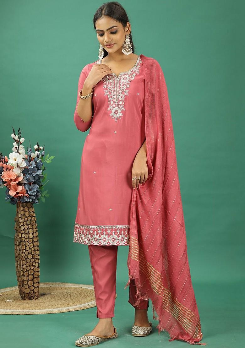 Pink Floral Embroidered Poly Blend Kurta Set
