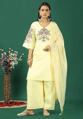 Yellow Floral Embroidered Poly Blend Kurta Set