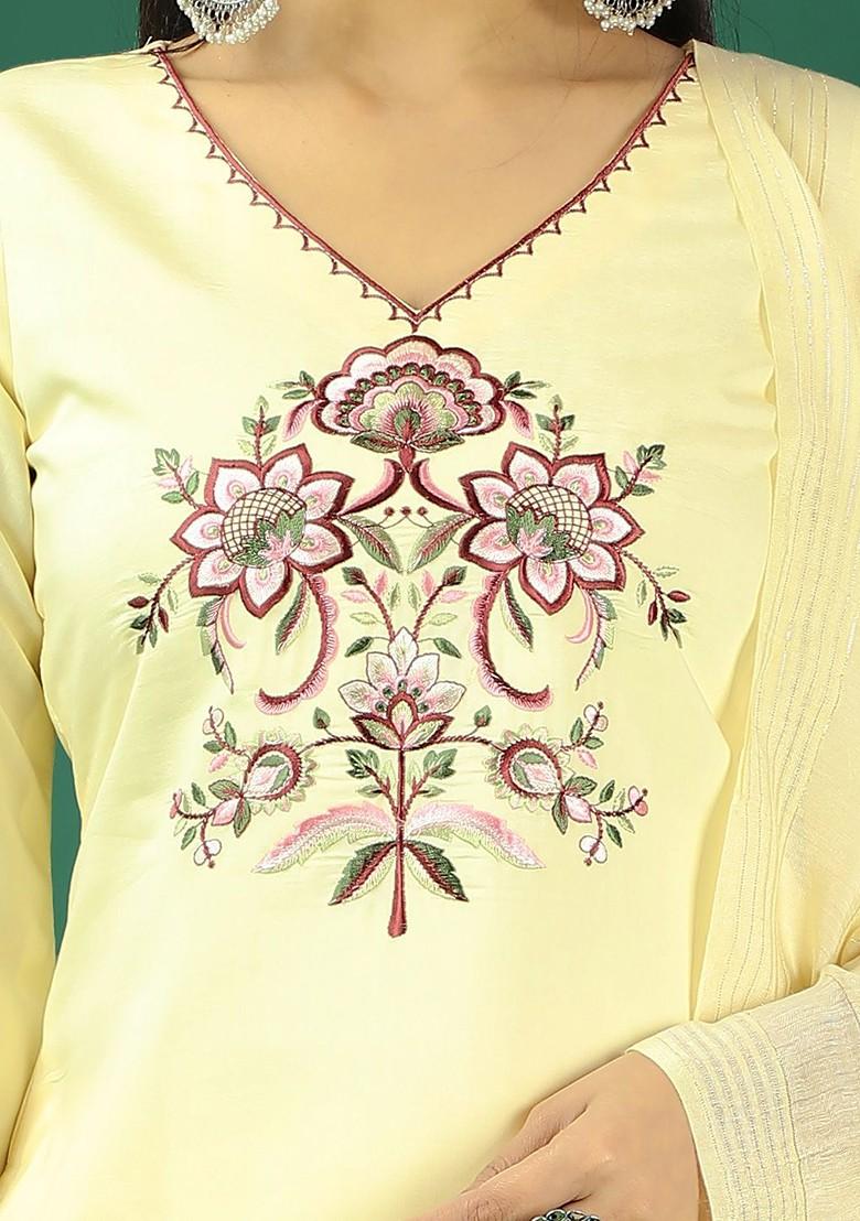 Yellow Floral Embroidered Poly Blend Kurta Set
