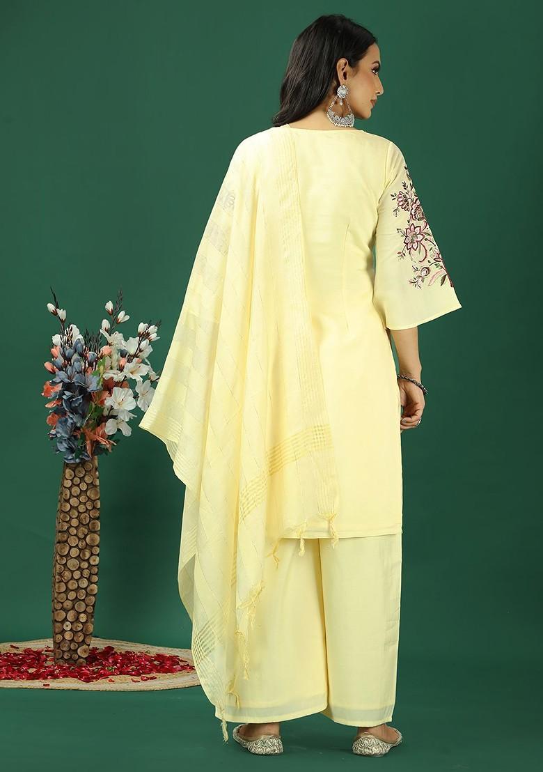 Yellow Floral Embroidered Poly Blend Kurta Set