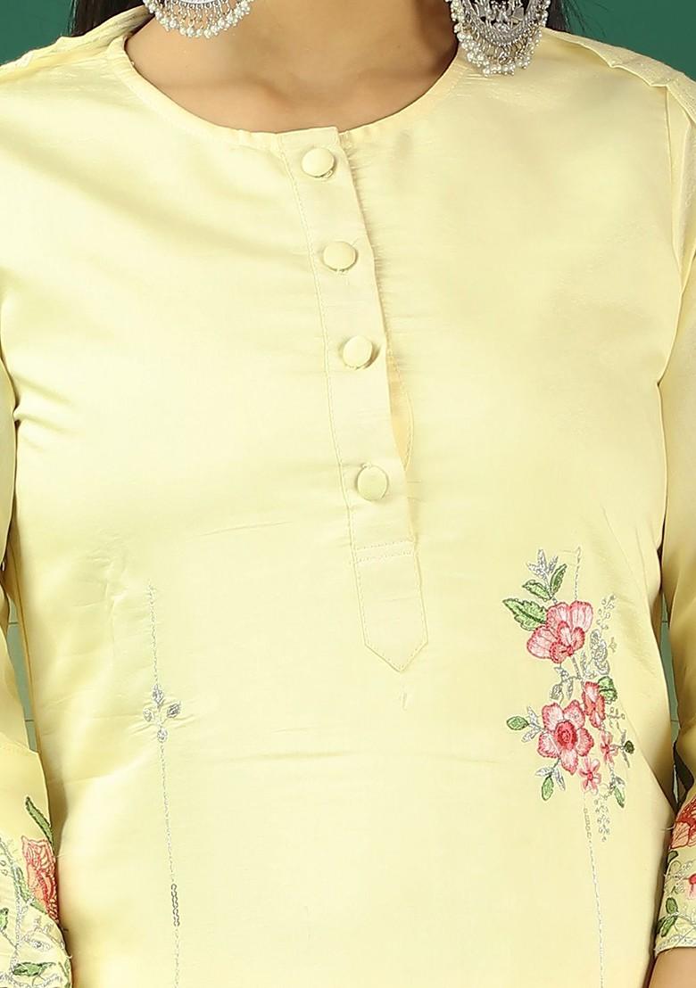 Yellow Floral Embroidered Poly Blend Kurta Set