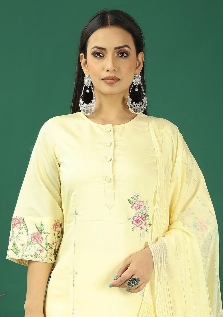 Yellow Floral Embroidered Poly Blend Kurta Set
