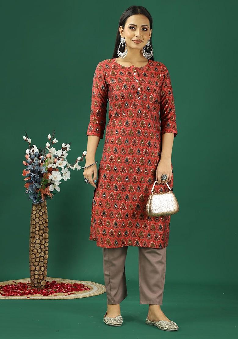 Brown Ethnic Motifs Poly Blend Kurta Set