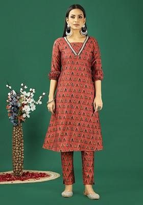 Brown Ethnic Motifs Printed Poly Blend Kurta Set