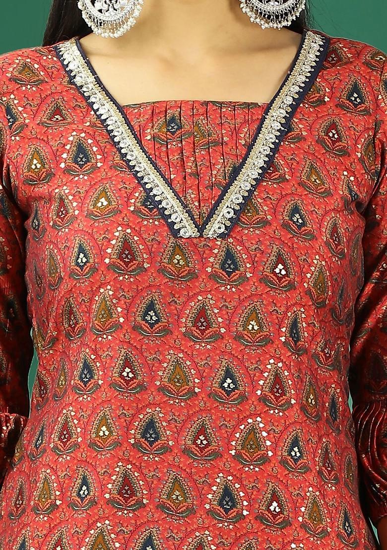 Brown Ethnic Motifs Printed Poly Blend Kurta Set