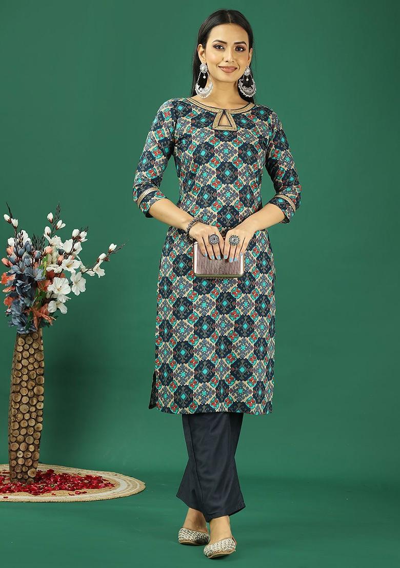 Navy Blue Ethnic Motifs Printed Poly Blend Kurta Set