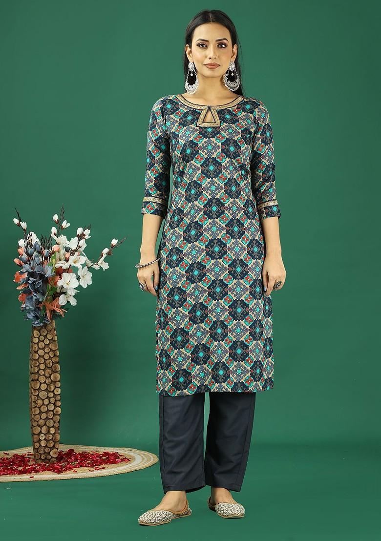 Navy Blue Ethnic Motifs Printed Poly Blend Kurta Set