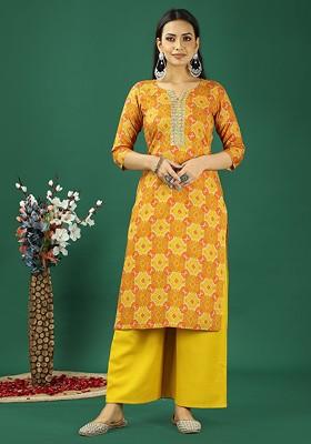 Yellow Ethnic Motifs Printed Poly Blend Kurta Set