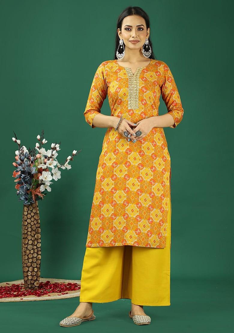 Yellow Ethnic Motifs Printed Poly Blend Kurta Set