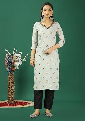 Grey Ethnic Motifs Printed Poly Blend Kurta Set